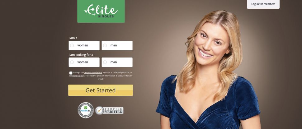 Homepage of Eliite Singles dating site with blonde woman
