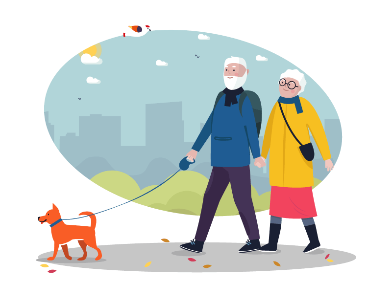 silver fox dating couple walking their dog illustration