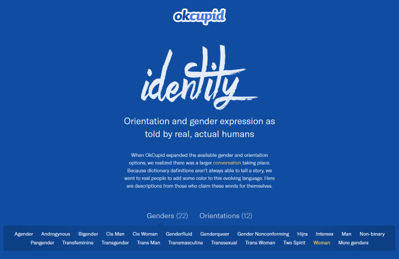 Screenshot of OkCupid's Gender Identity Options