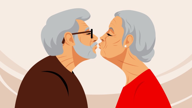 illustration of older man and woman about to kiss