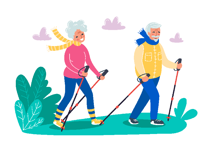 Vector image with an over 50 couple hiking