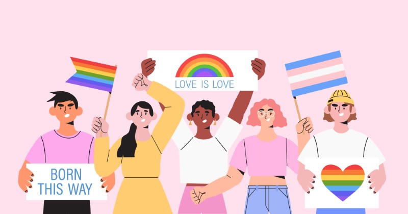 illustration of a diverse group of people protesting for queer acceptance
