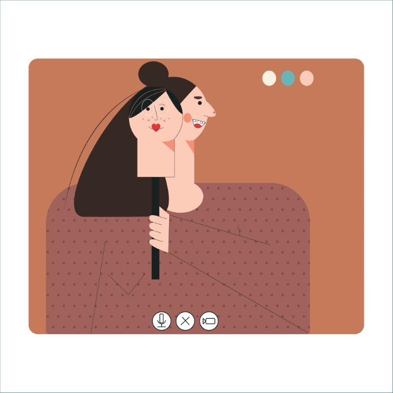 illustration of catfish woman using a mask on a video call