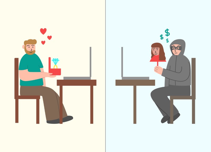 illustration of man proposing online to a scammer
