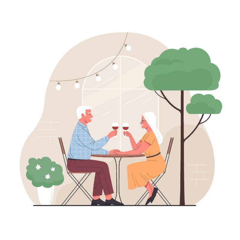 vector art of white haired man and women drinking wine at a restaurant