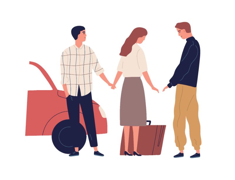 vector art of woman standing between two men saying goodbye to one of them