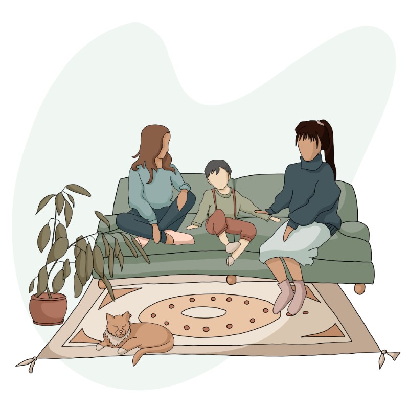 vector art of two mothers and their child sitting on a sofa while their cat sleeps on the carpet