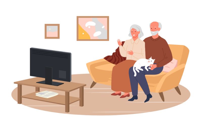 vector art of two seniors sitting on a couch wacthing TV together