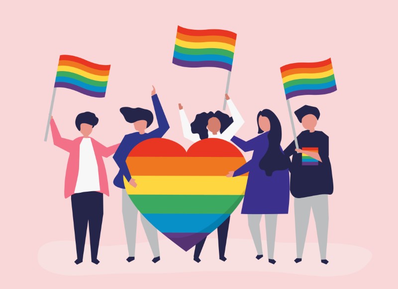illustrated group of people with pride flags and heart