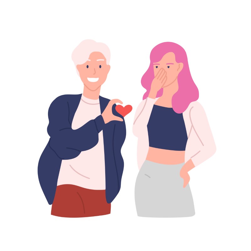 illustration of a pink haired woman not happy about guy showing her a heart