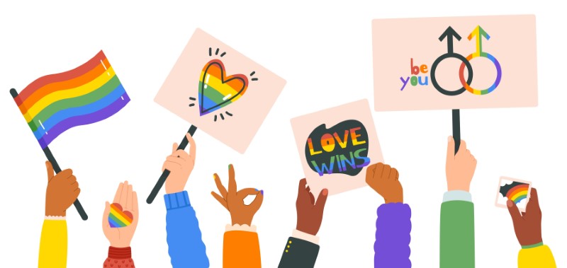 vector art of hands holding up LGBTQ pride signs