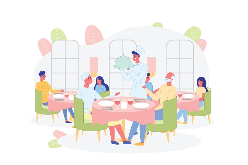 vector art of a senior couple on a date in a restaurant