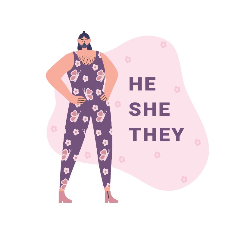 vector art of gender-diverse person and pronouns he, she, they