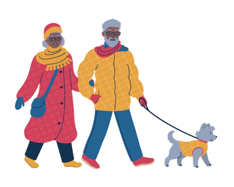 vector art of senior couple walking their dog 