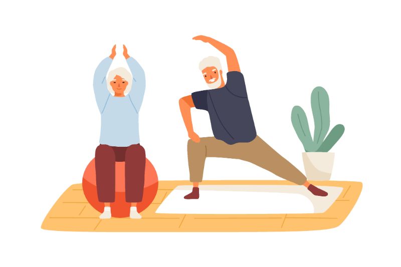 illustration of senior couple doing yoga together 
