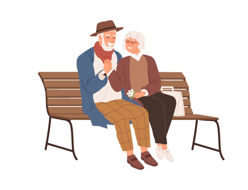 illustration of a senior couple sitting on a bench holding hands